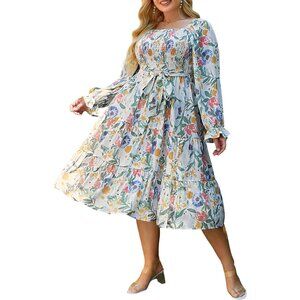 Women's Boho Flowy Long Sleeve Square Neck Floral Midi Dress